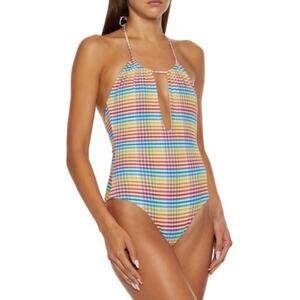 NWT Onia Eliza Plaid Halter Keyhole One Piece Swimsuit - Rainbow - Medium